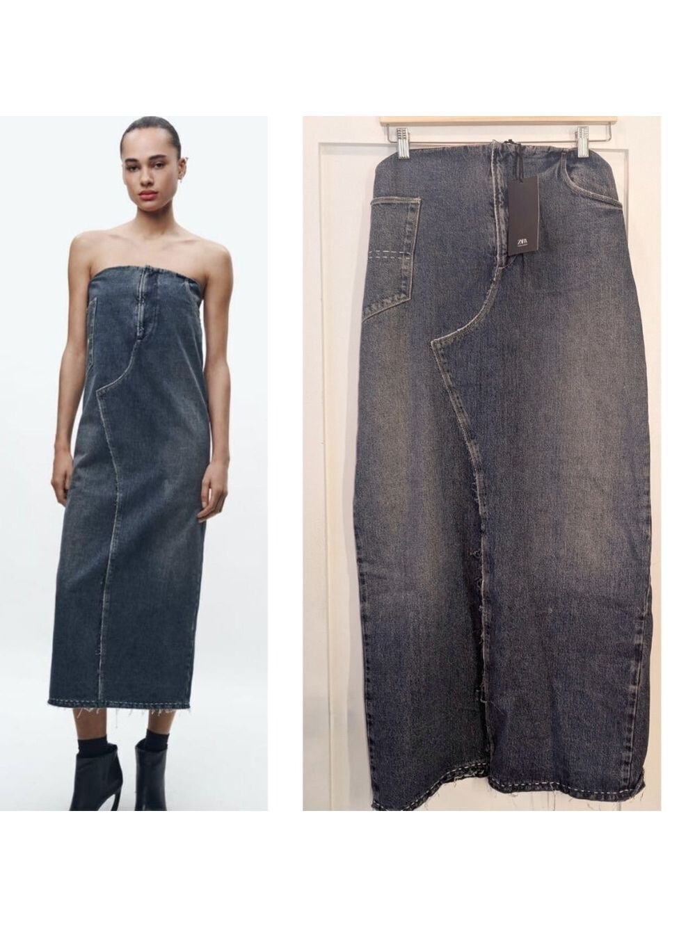 NEW! Zara | Topstitched Strapless Denim Midi Dress